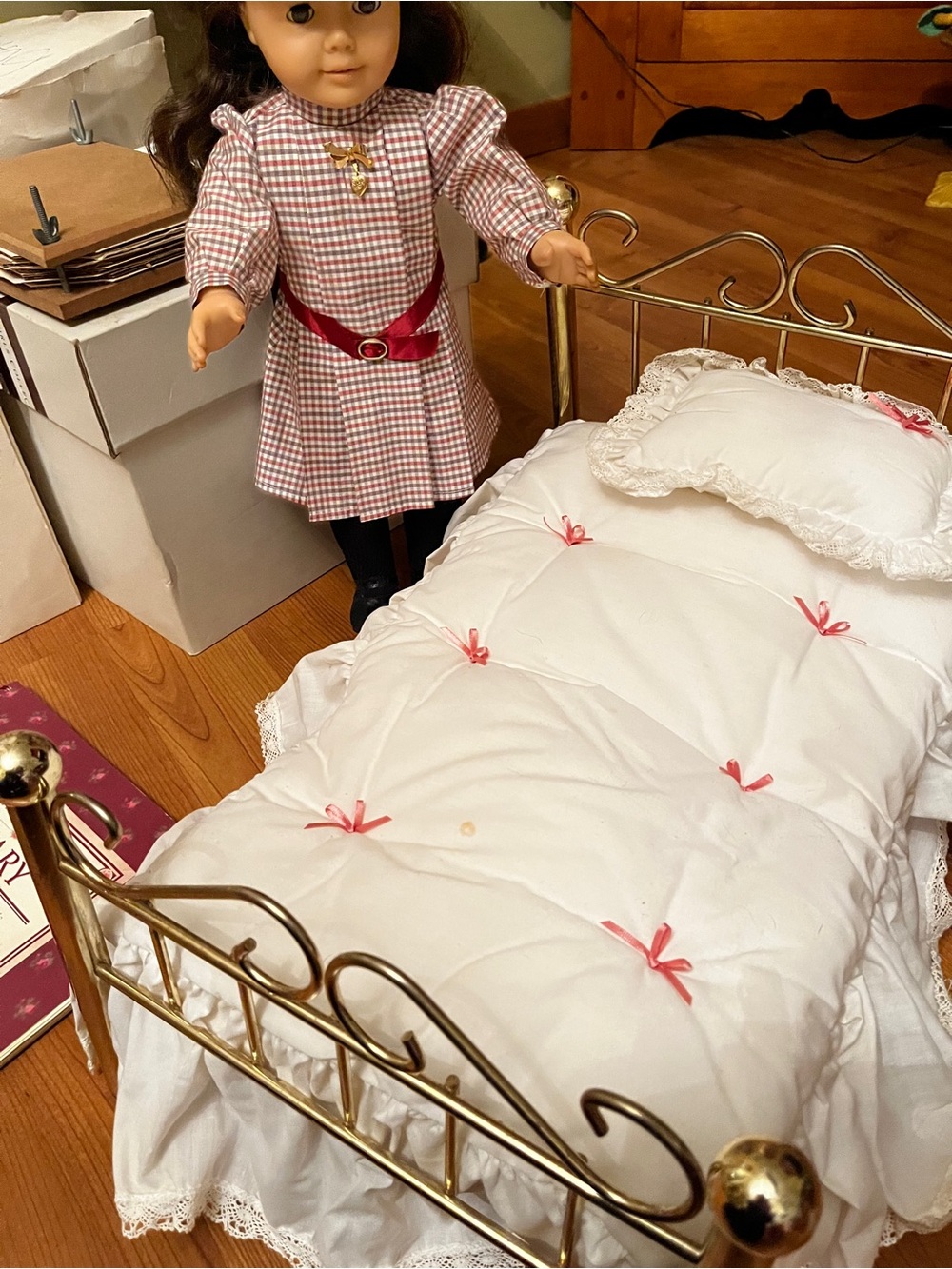 American Girl White Doll Comforter Set with Pink Bows and Gold Bed Frame